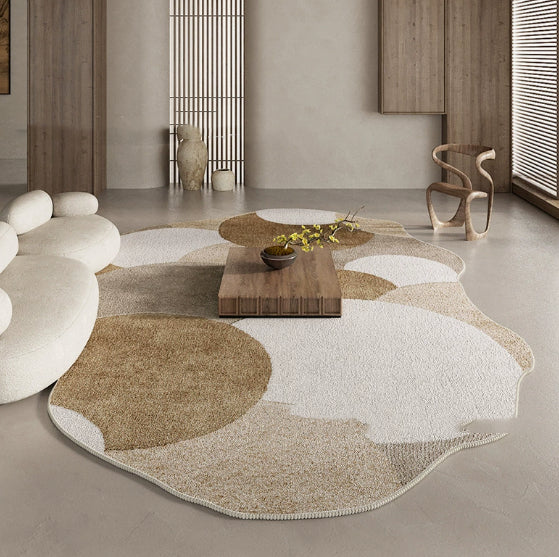 Mountain Moon Wabi-Sabi irregular area rug in beige and brown with a modern geometric pattern, soft plush texture and contemporary design for living rooms and bedrooms.