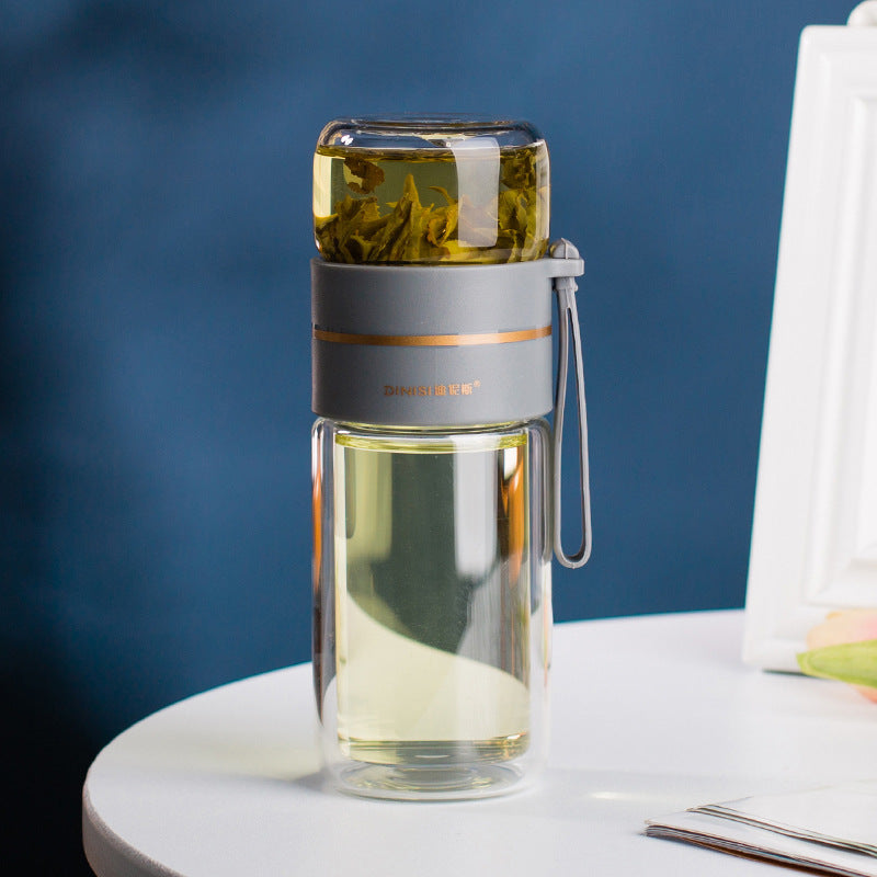 Glass water bottle with built-in tea infuser and leakproof lid for tea, fruit-infused water and everyday hydration