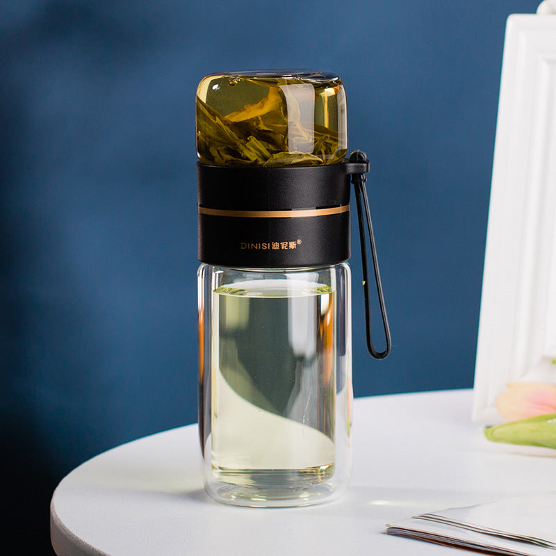 Glass water bottle with built-in tea infuser and leakproof lid for tea, fruit-infused water and everyday hydration