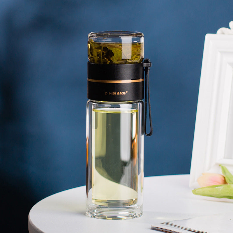 Glass water bottle with built-in tea infuser and leakproof lid for tea, fruit-infused water and everyday hydration