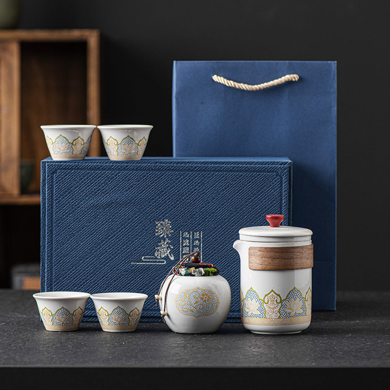 Luxury ceramic tea set gift box with porcelain teapot and matching tea cups in a premium presentation case