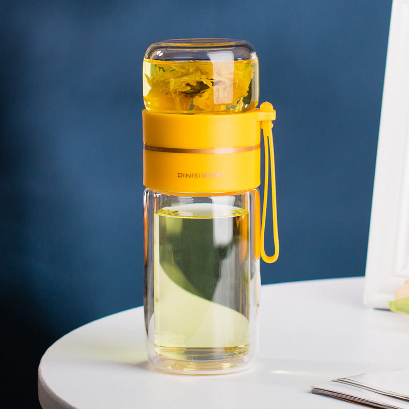 Glass water bottle with built-in tea infuser and leakproof lid for tea, fruit-infused water and everyday hydration