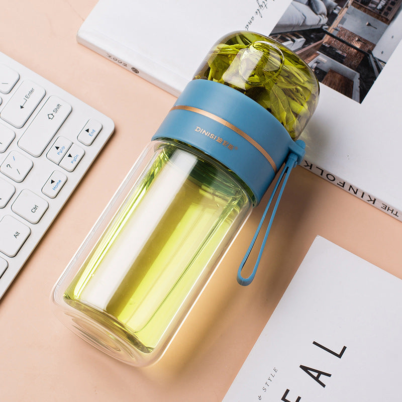 Glass water bottle with built-in tea infuser and leakproof lid for tea, fruit-infused water and everyday hydration
