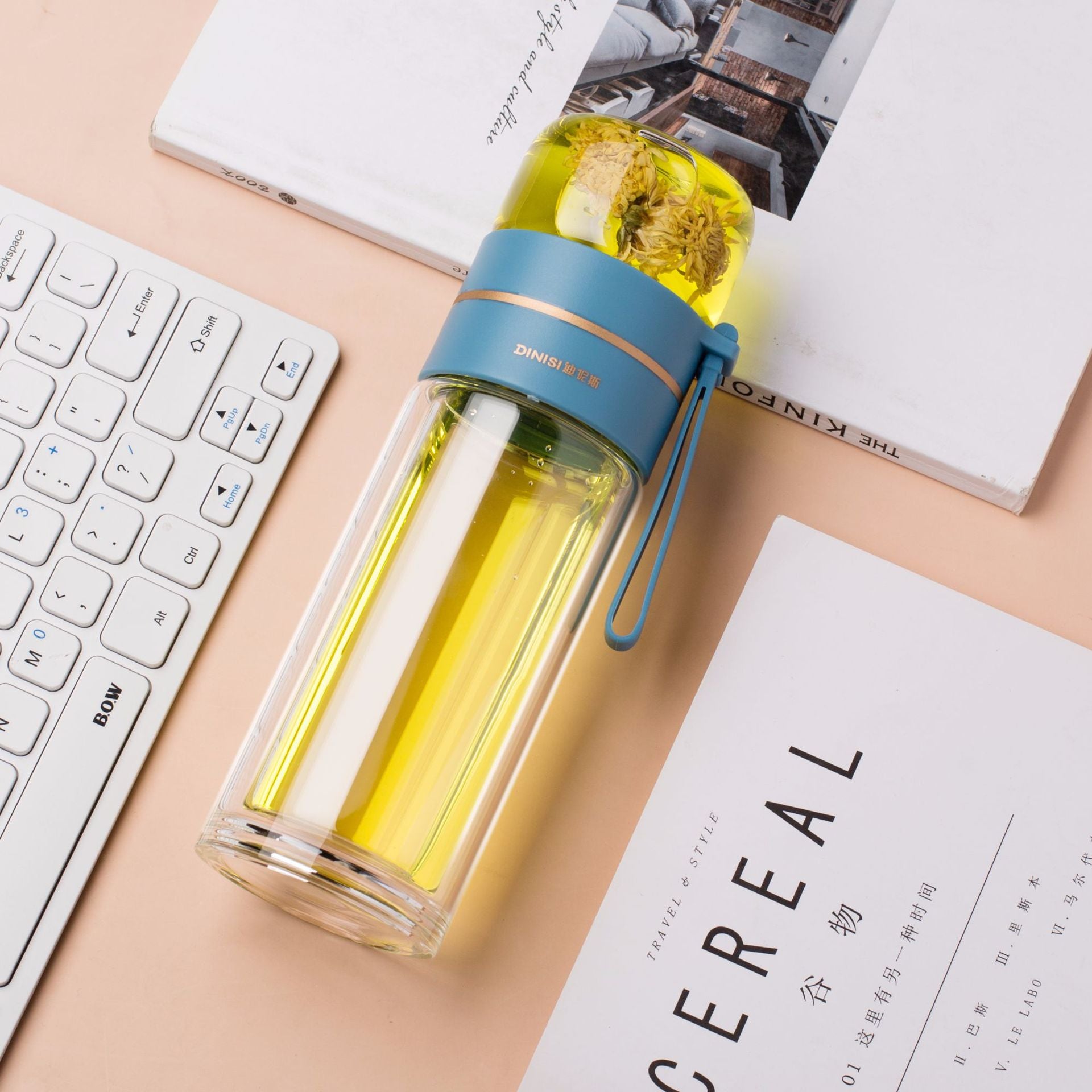 Glass water bottle with built-in tea infuser and leakproof lid for tea, fruit-infused water and everyday hydration