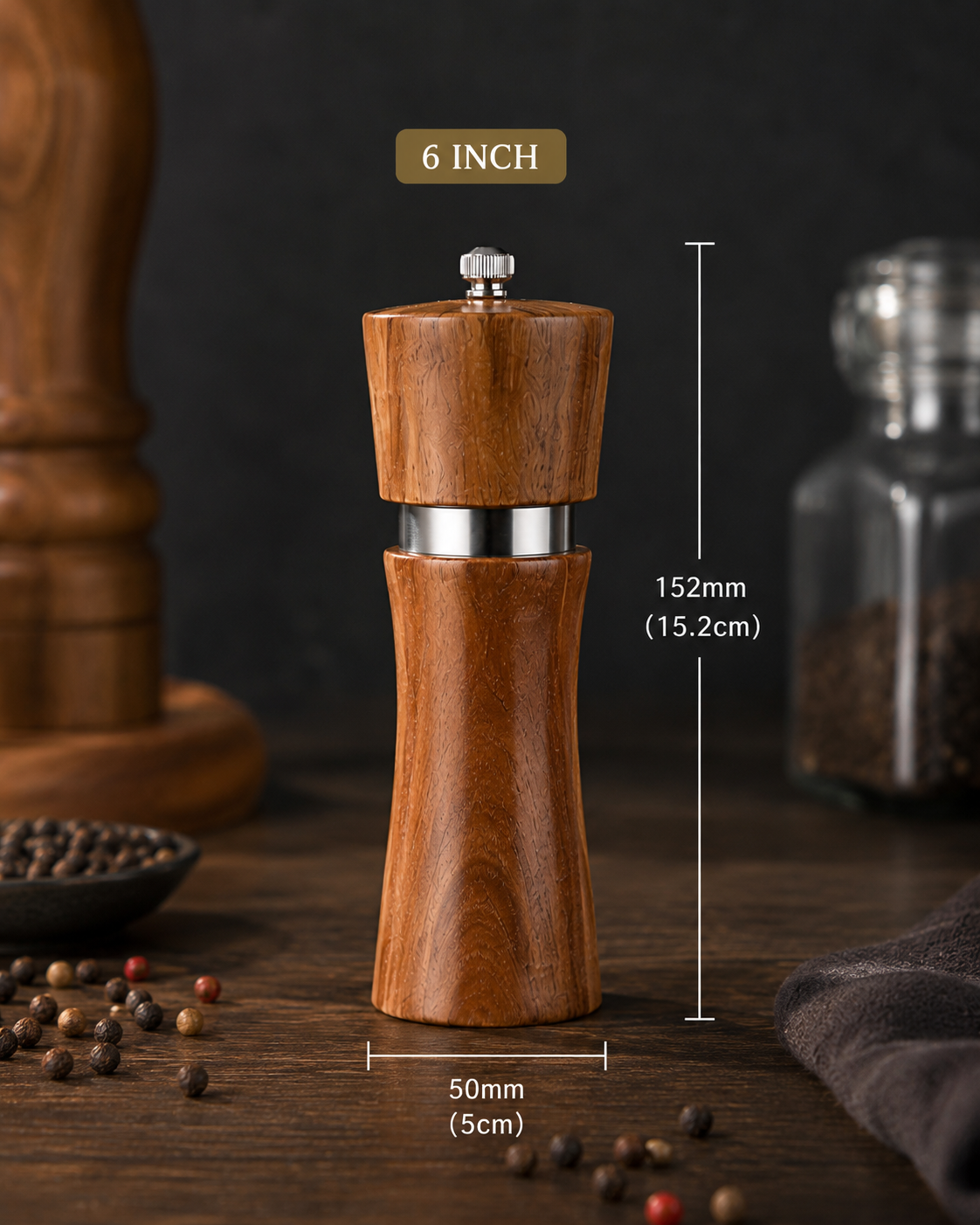 Acacia Wood Pepper Mill Grinder with Ceramic Core | Manual Salt & Pepper Grinder