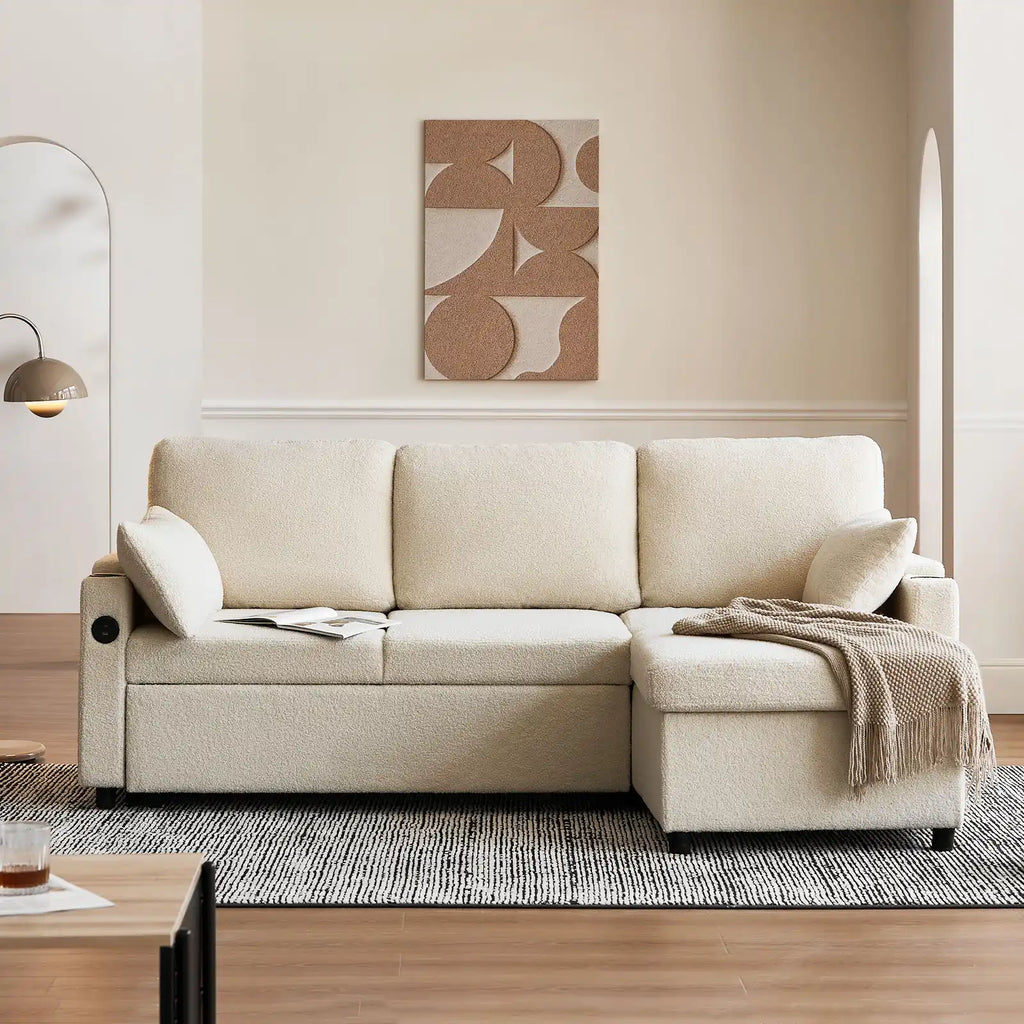 Clarkson 3-Seater Bouclé Sofa Bed with Storage & Charging Station