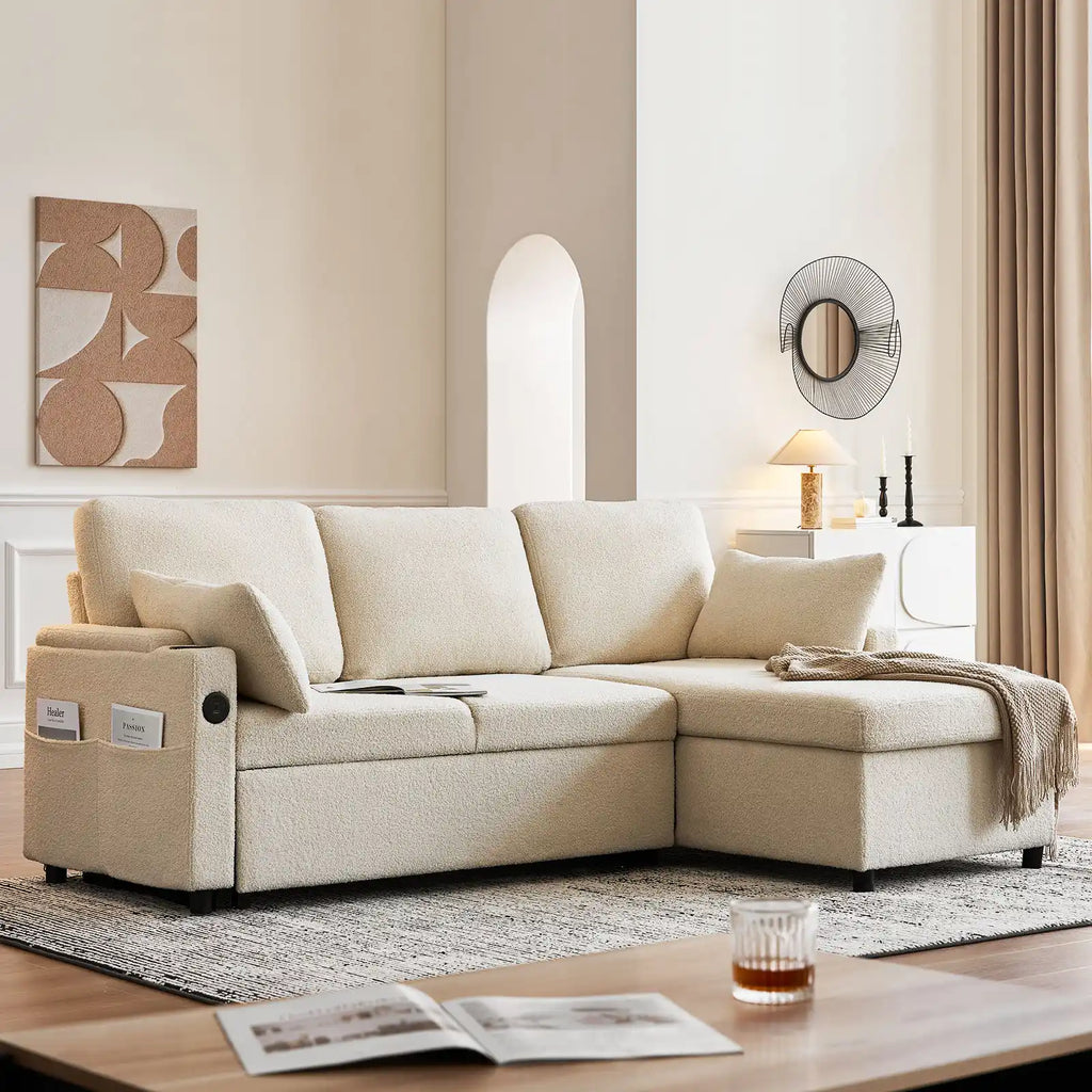 Clarkson 3-Seater Bouclé Sofa Bed with Storage & Charging Station