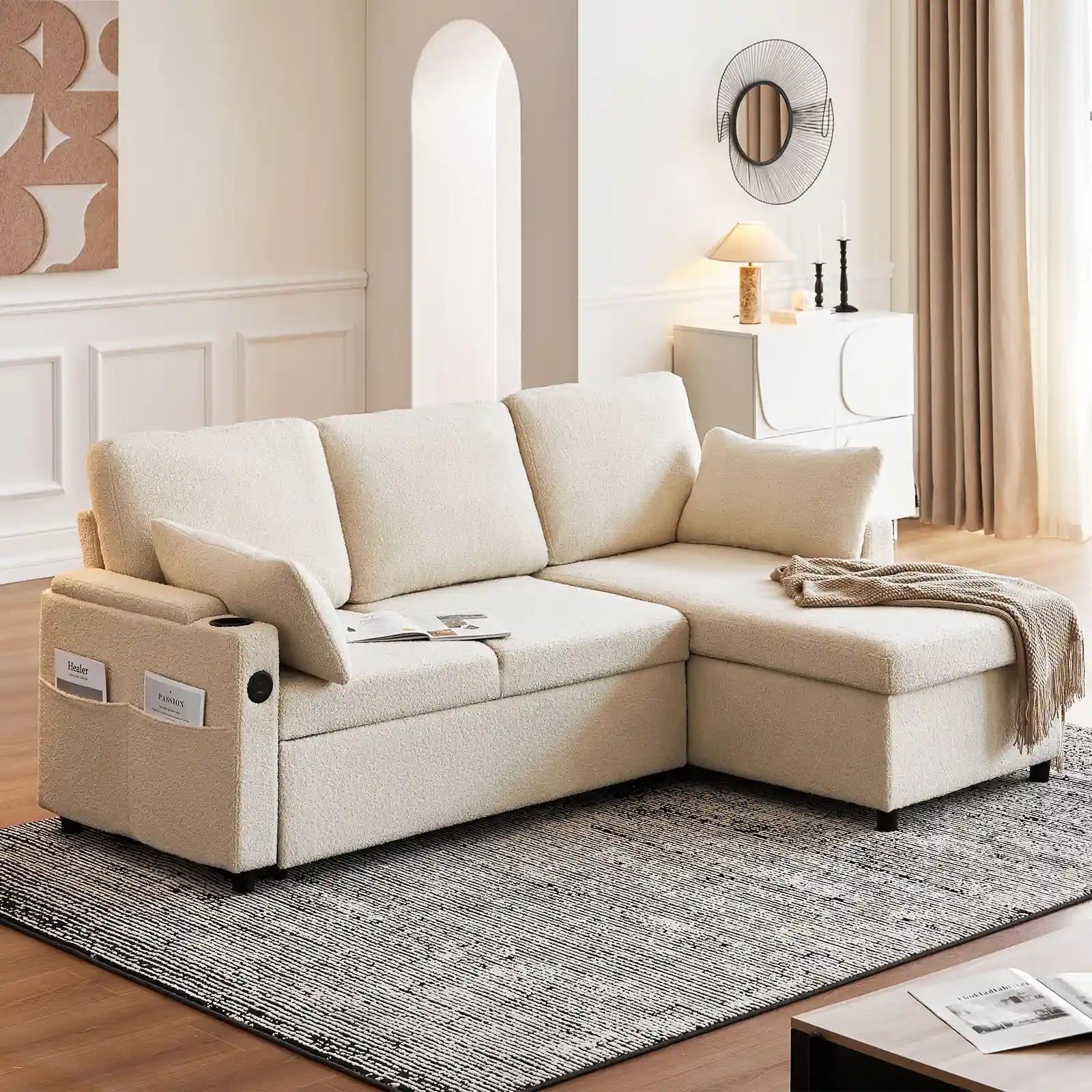 Clarkson 3-Seater Bouclé Sofa Bed with Storage & Charging Station