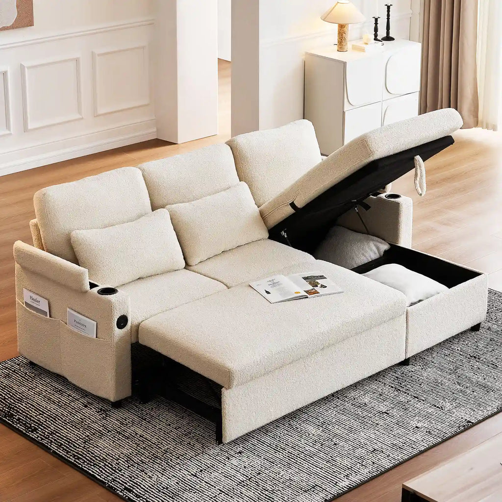 Clarkson 3-Seater Bouclé Sofa Bed with Storage & Charging Station
