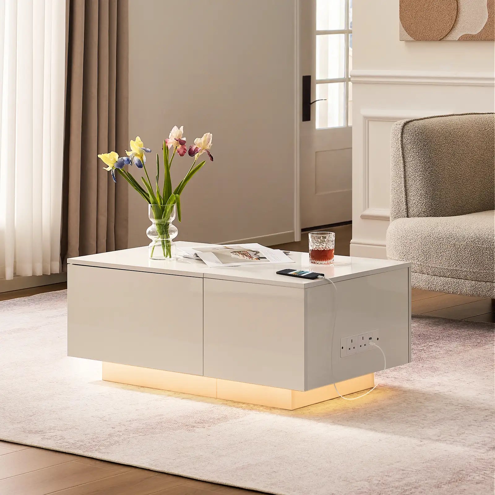 Elna Modern Lift-Top Coffee Table with LED Lights & Hidden Storage