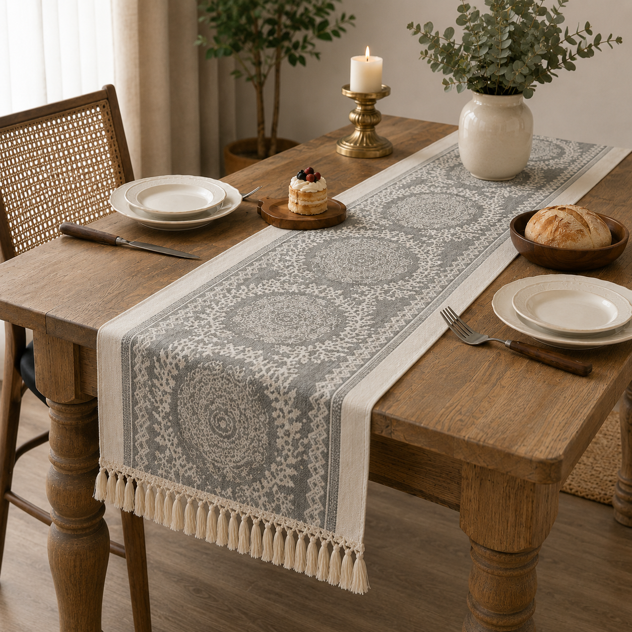 Garland Ash woven table runner with tassel edging displayed on a wooden dining table with minimalist table setting and Scandinavian-inspired décor.