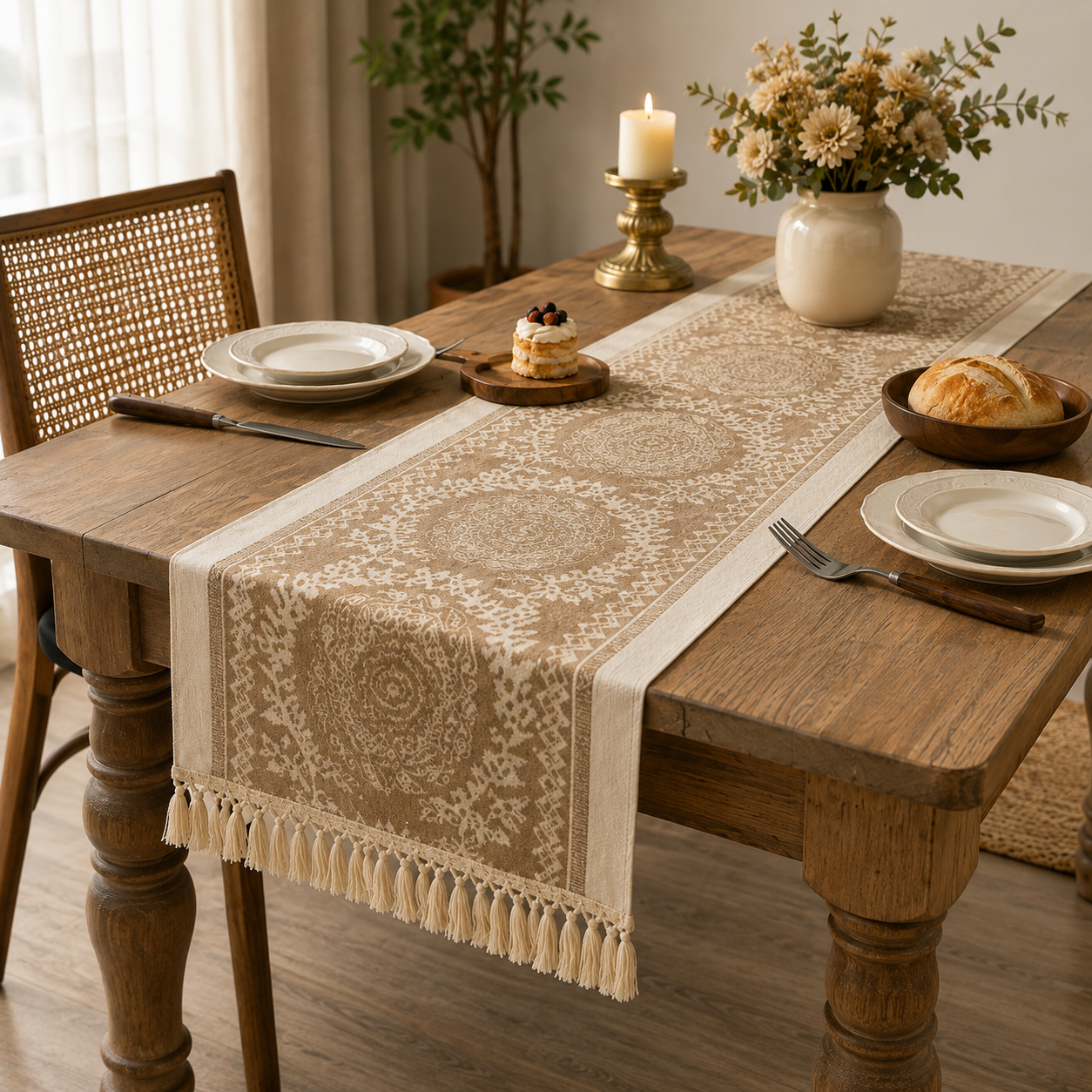 Garland Coffee woven table runner with tassel edging displayed on a wooden dining table with minimalist table setting and Scandinavian-inspired décor.