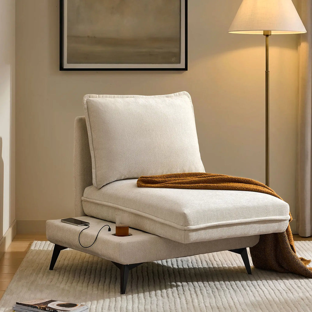 Hudson Cream 2-Seater Modular Chenille Sofa with USB Charging & Rotating Base