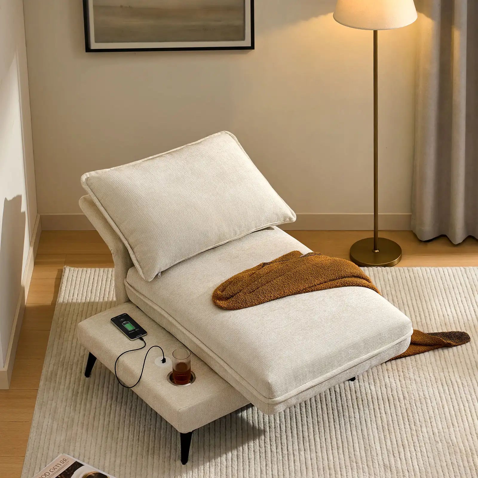 Hudson Cream 2-Seater Modular Chenille Sofa with USB Charging & Rotating Base