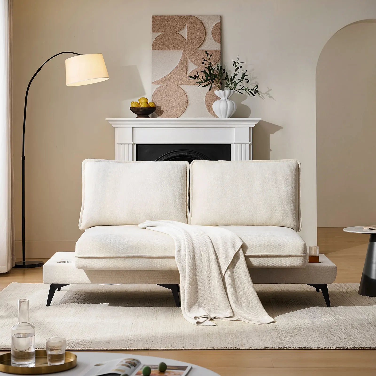 Hudson Cream 2-Seater Modular Chenille Sofa with USB Charging & Rotating Base