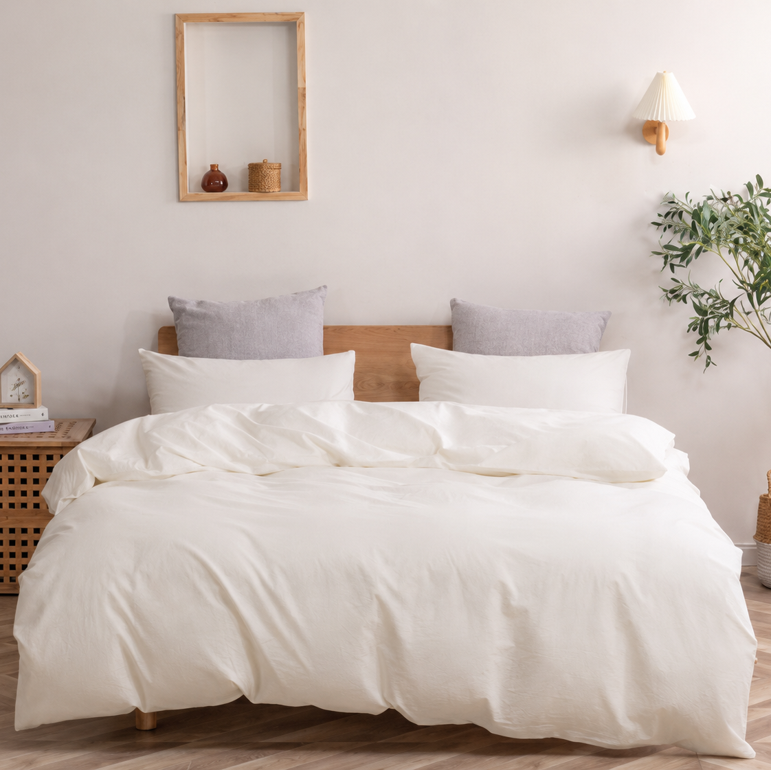 Pure ivory bedding set displayed in an elegant neutral bedroom with soft natural light