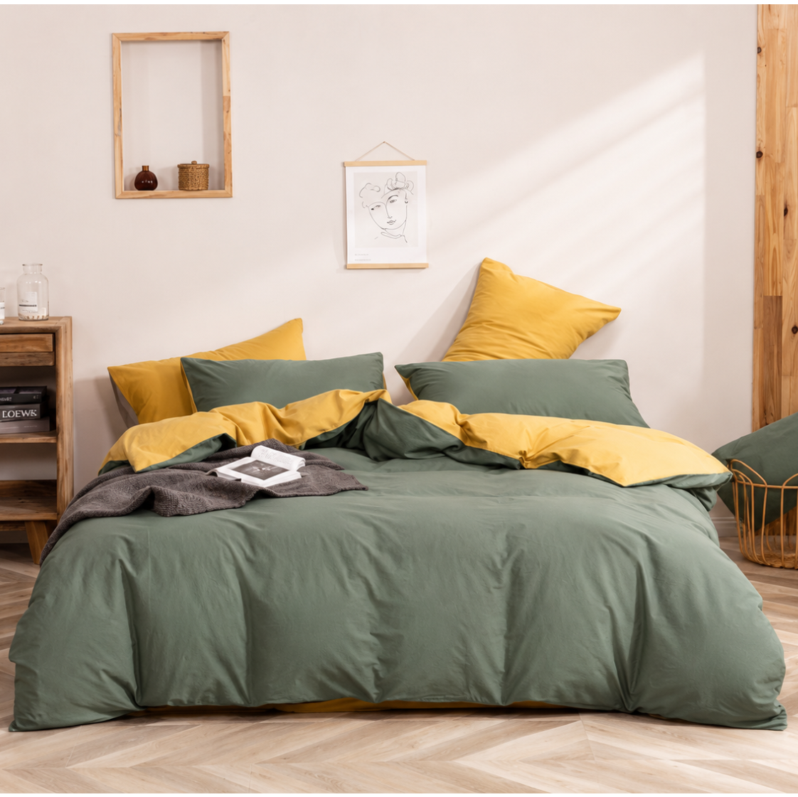 Sage and ochre luxury bedding set styled in a modern minimalist bedroom with wooden accents