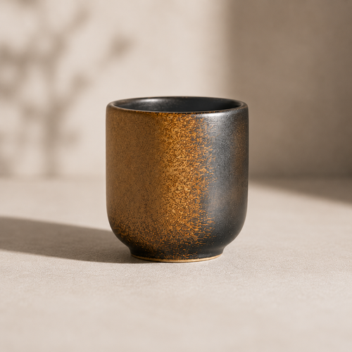 Artisan stoneware tea cup in Amber Earth finish with a handcrafted ceramic glaze, photographed in a minimalist studio setting.
