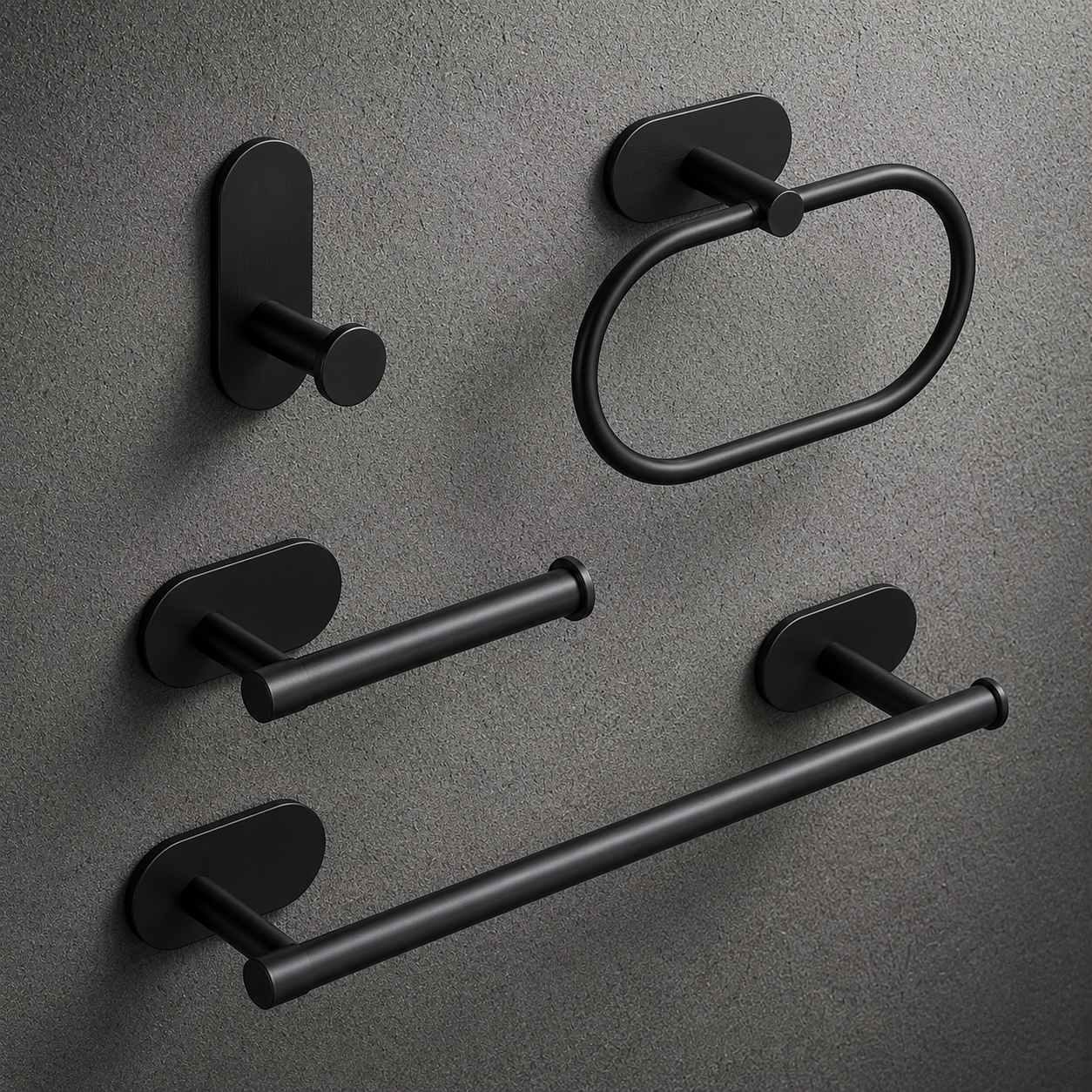 Modern black bathroom hardware set including towel bar, towel ring and robe hook