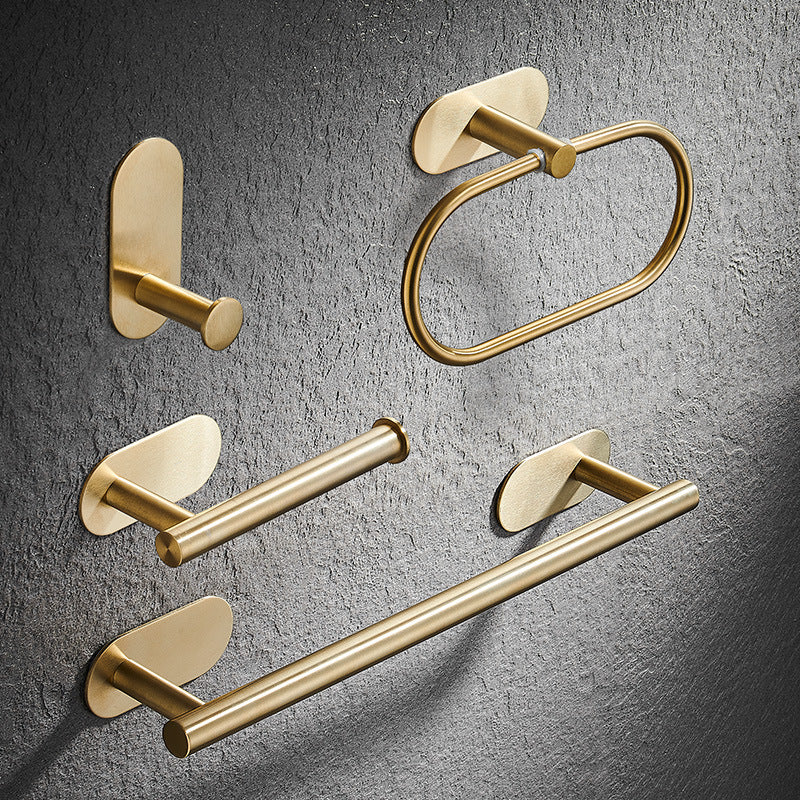 Modern gold bathroom hardware set including towel bar, towel ring and robe hook