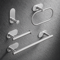 Modern silver bathroom hardware set including towel bar, towel ring and robe hook