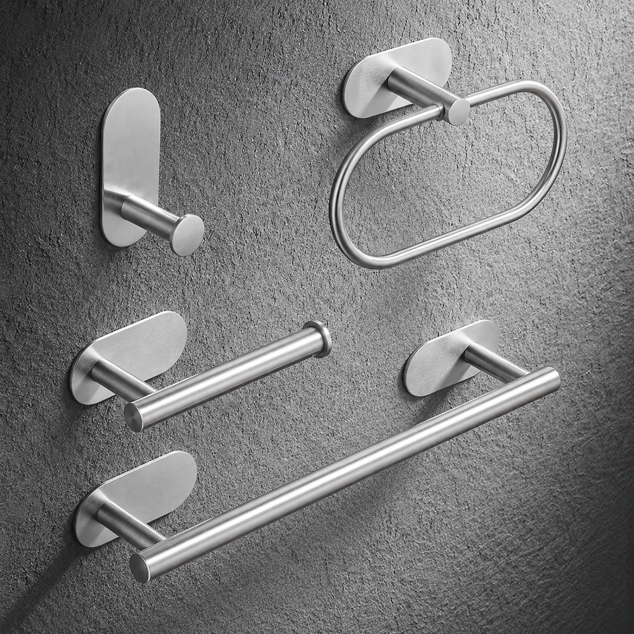 Modern silver bathroom hardware set including towel bar, towel ring and robe hook