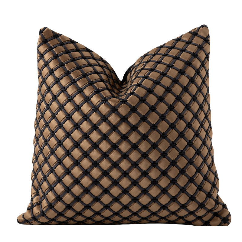 Bronze diamond-pattern woven cushion cover with textured geometric design and luxury finish
