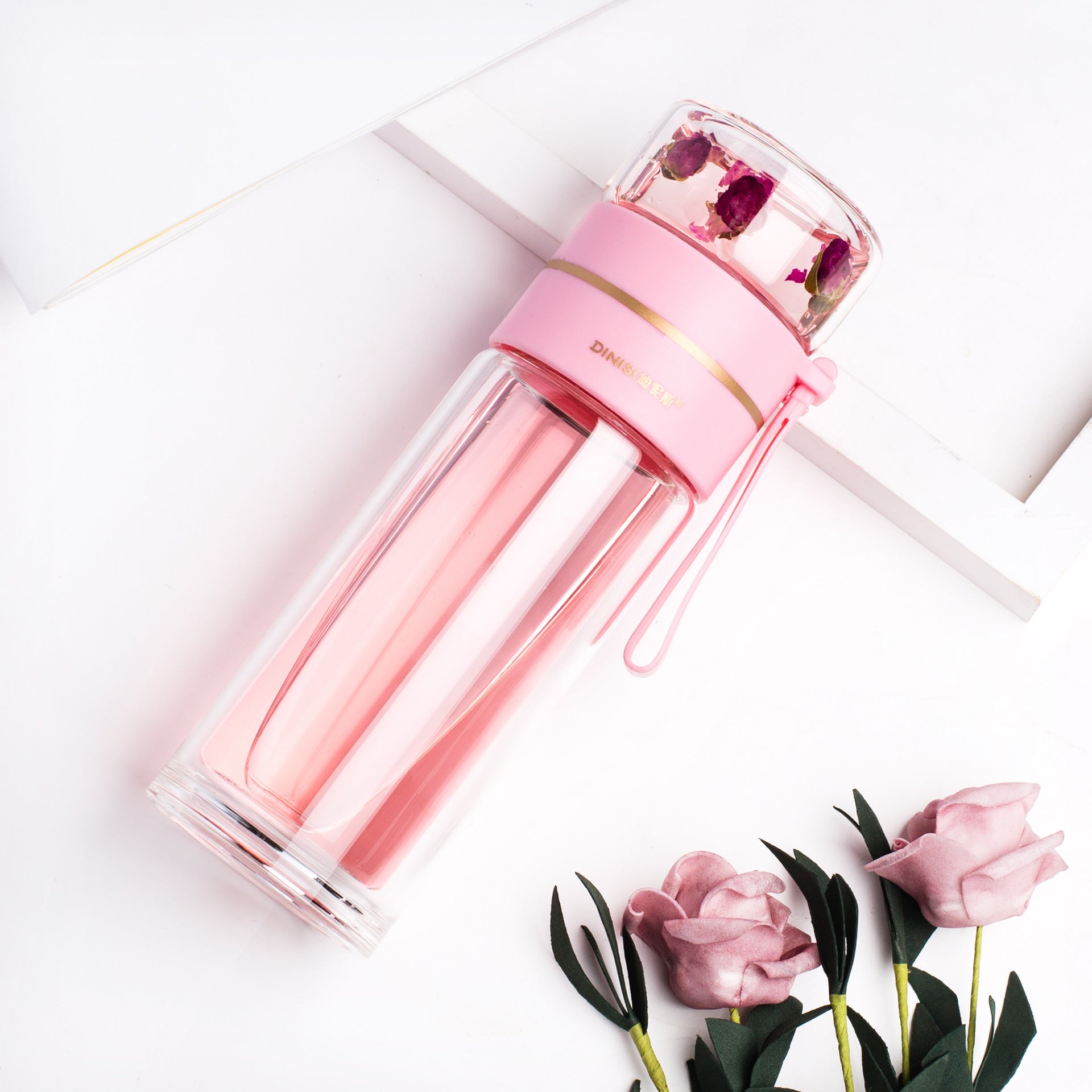Glass water bottle with built-in tea infuser and leakproof lid for tea, fruit-infused water and everyday hydration