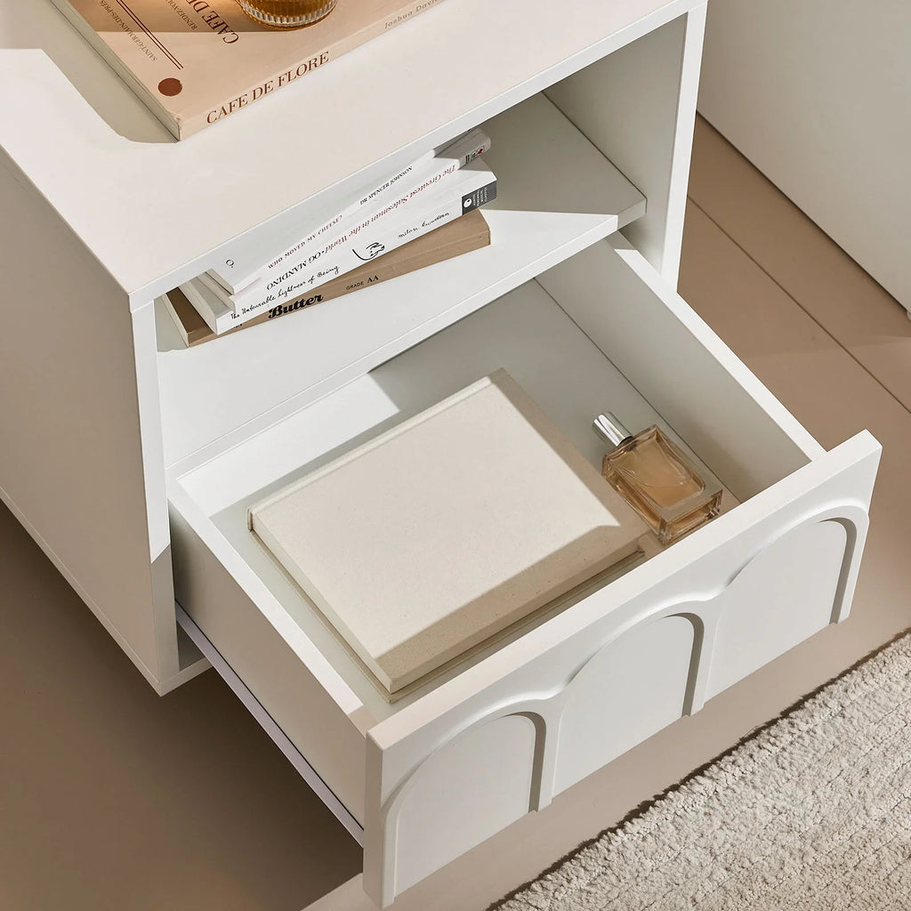 Doris White Bedside Table | Modern Arched Nightstand with Drawer