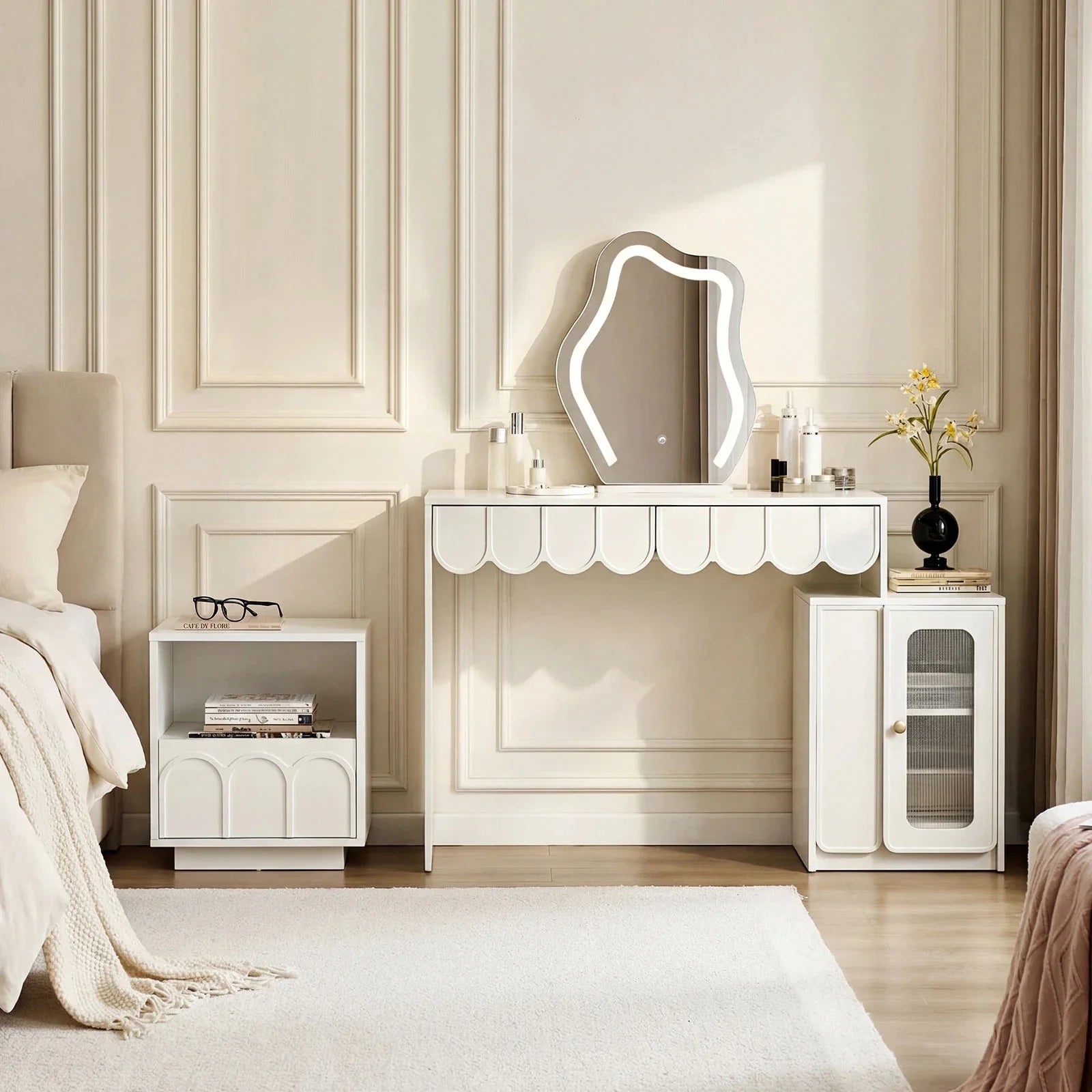Doris White Bedside Table | Modern Arched Nightstand with Drawer