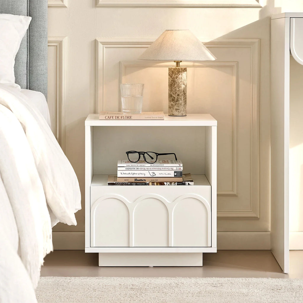 Doris White Bedside Table | Modern Arched Nightstand with Drawer