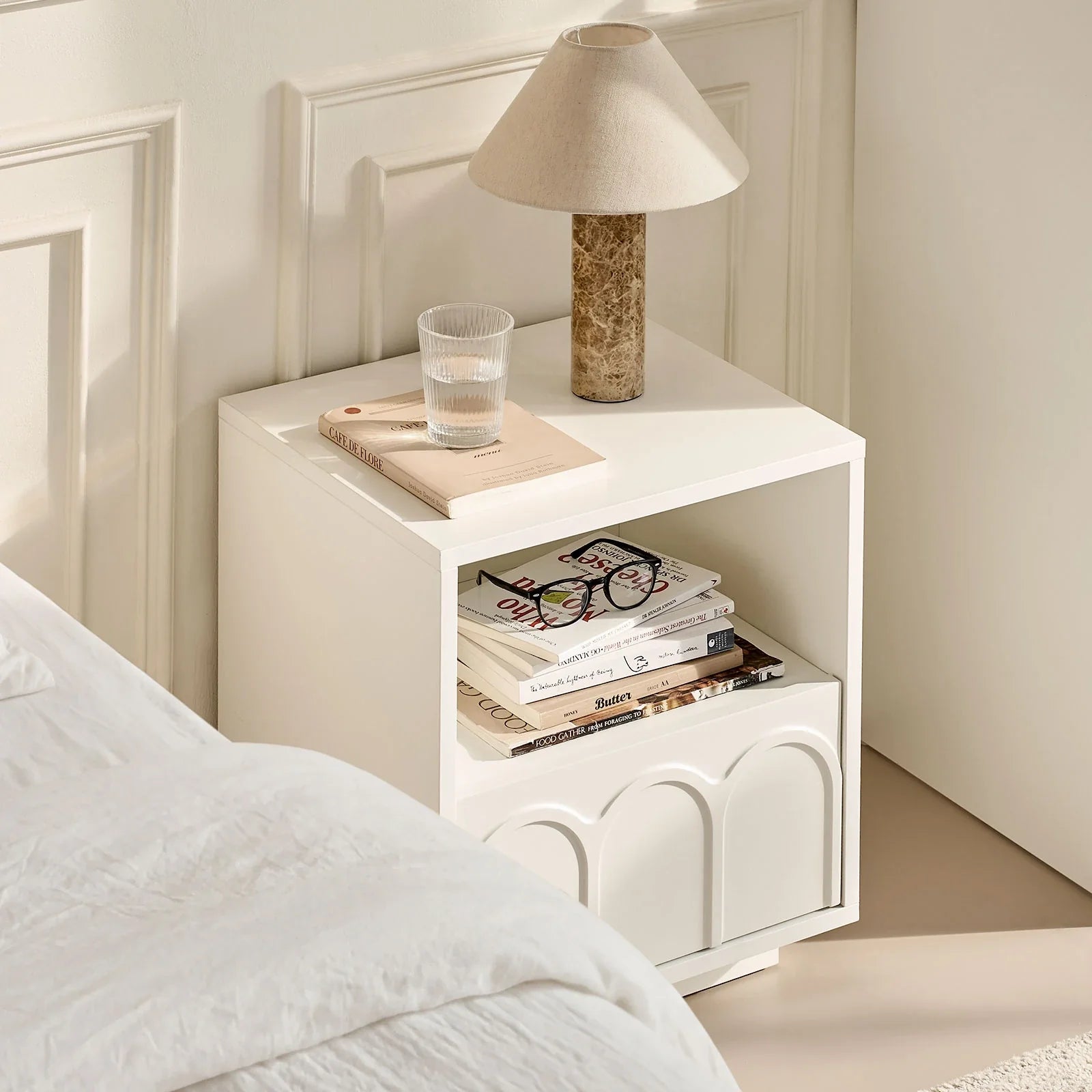 Doris White Bedside Table | Modern Arched Nightstand with Drawer