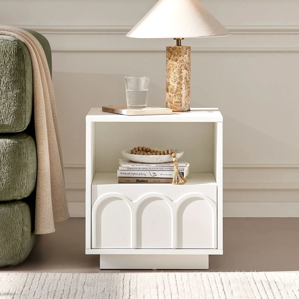 Doris White Bedside Table | Modern Arched Nightstand with Drawer