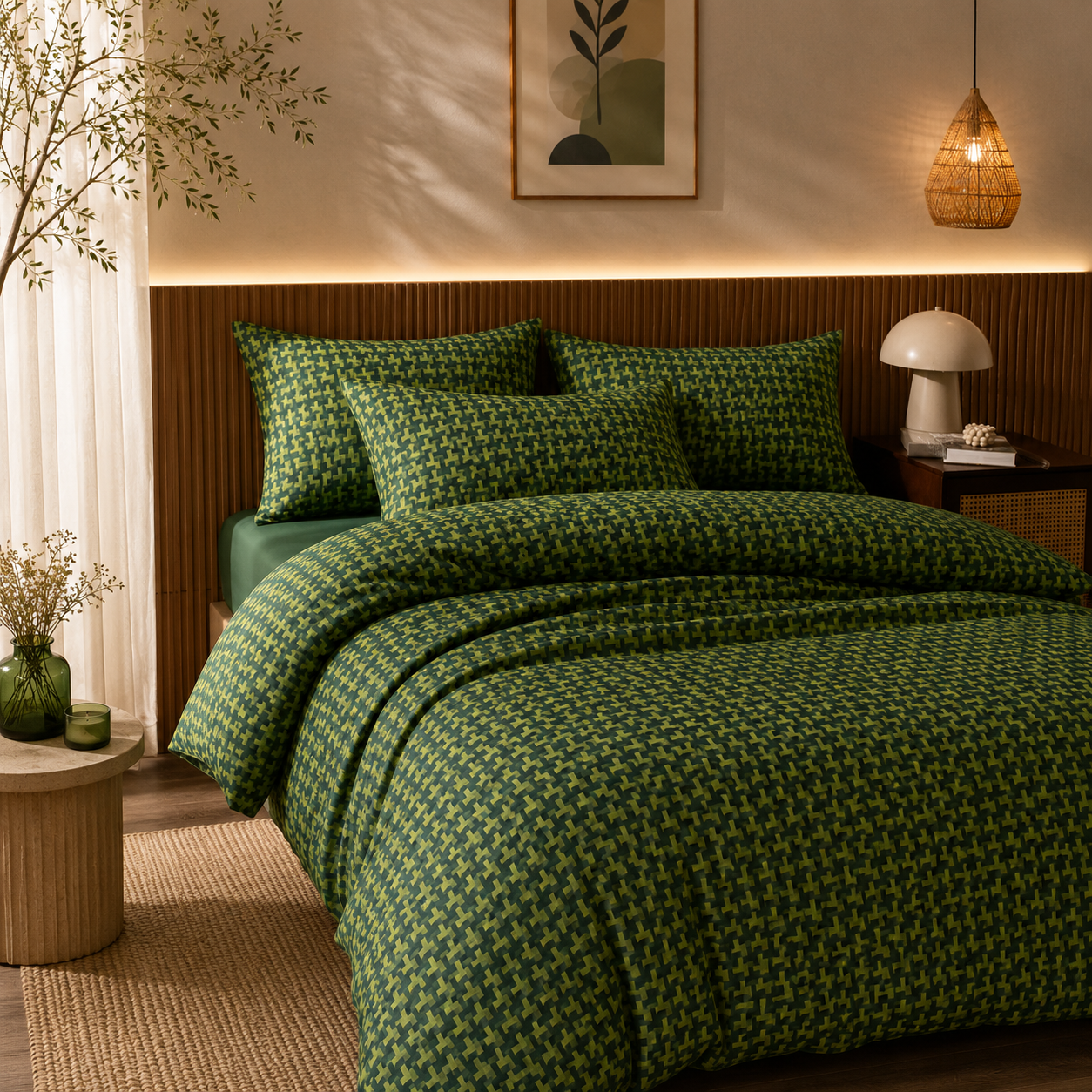 Luxury Emerald Weave 100% cotton bedding set in green geometric pattern with duvet cover and matching pillowcases in a modern bedroom.