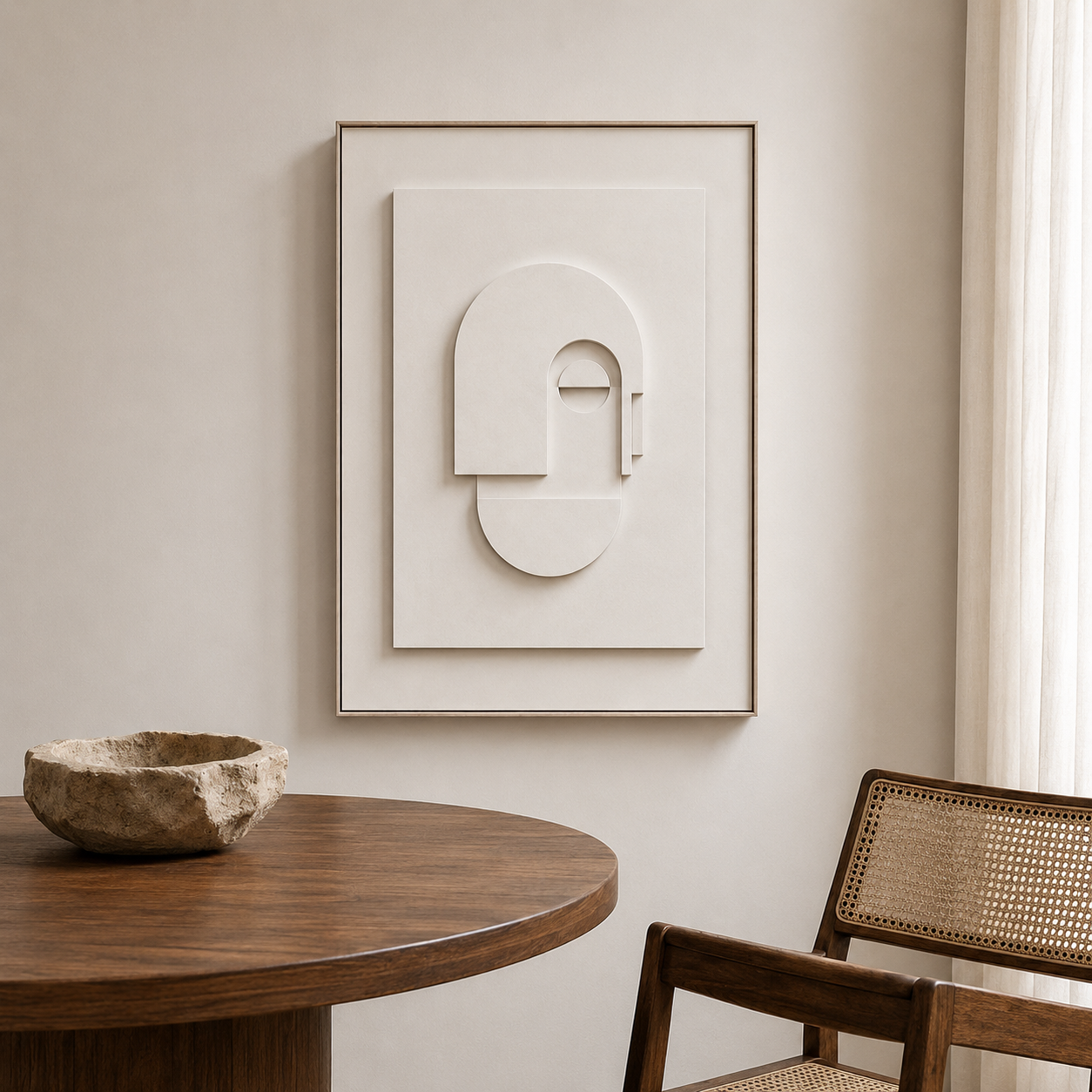 Ivory Geometry abstract canvas wall art displayed in a modern minimalist dining room with neutral décor