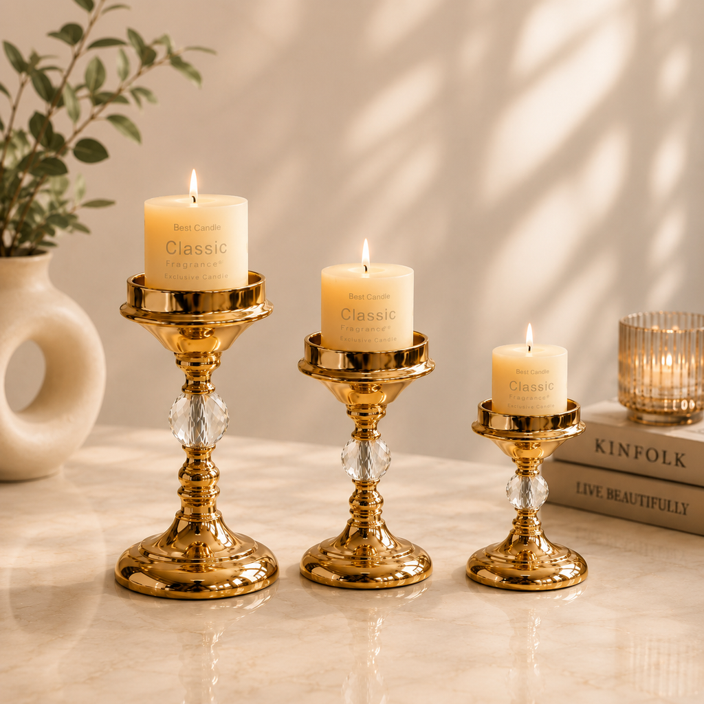 Luxury gold crystal candle holders displayed in three sizes with pillar candles, featuring an elegant decorative design for dining tables, coffee tables, mantels, and modern home décor.