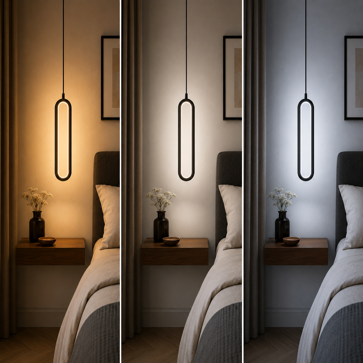 Modern black LED pendant light showing three lighting modes—warm white, neutral white, and cool white—above a bedside table in a minimalist bedroom.