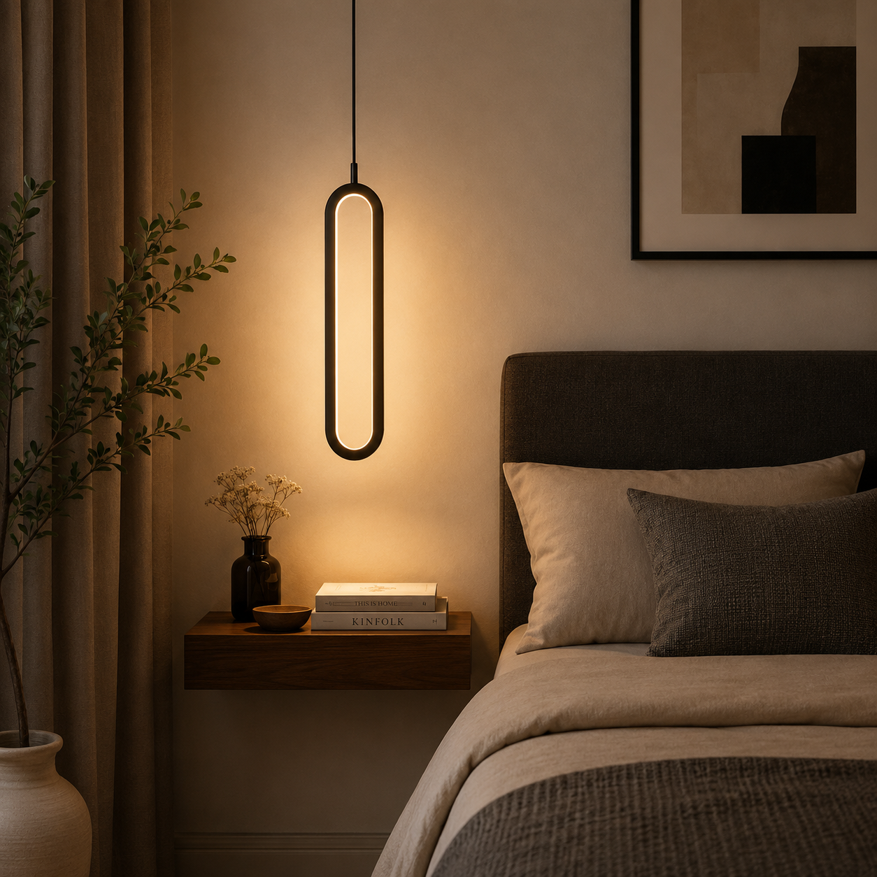 Modern black LED pendant light with warm ambient glow above a bedside table in a contemporary minimalist bedroom.