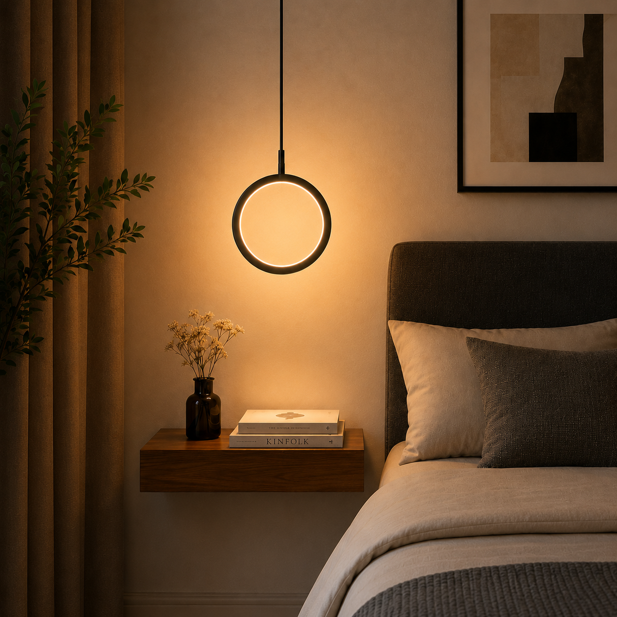 Modern round LED pendant light in warm white illuminating a minimalist bedroom with a floating wooden bedside table and neutral décor