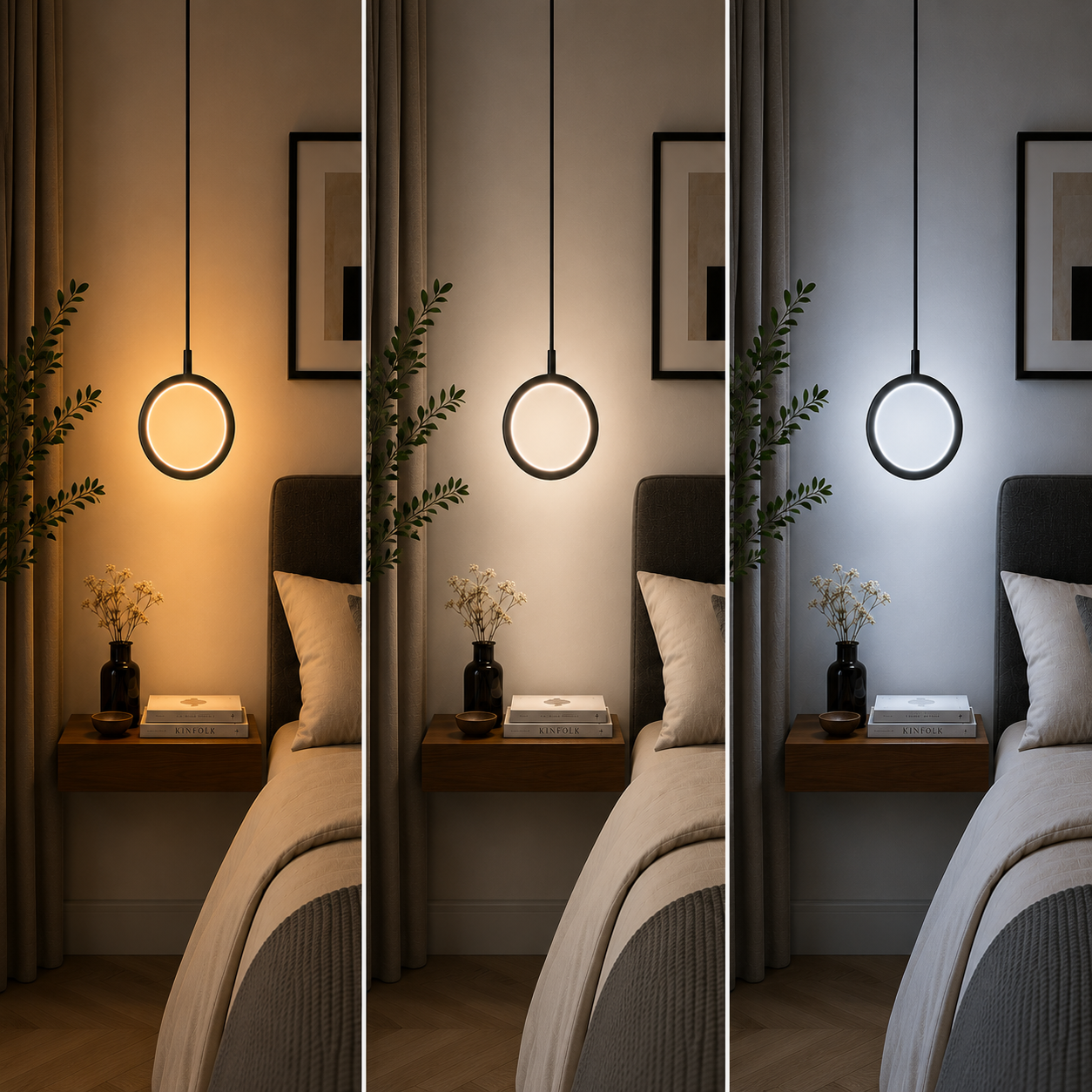 Modern round LED pendant light showing warm white, neutral white, and cool white illumination in a contemporary bedroom setting.