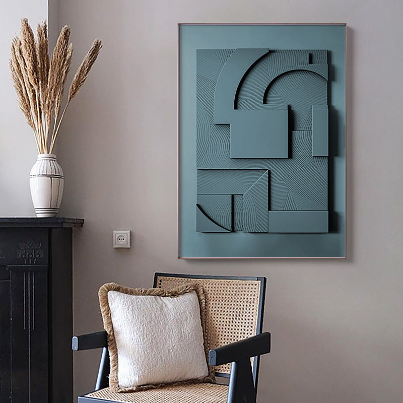 Slate Geometry abstract canvas wall art displayed in a modern living room with neutral décor and woven accent chair
