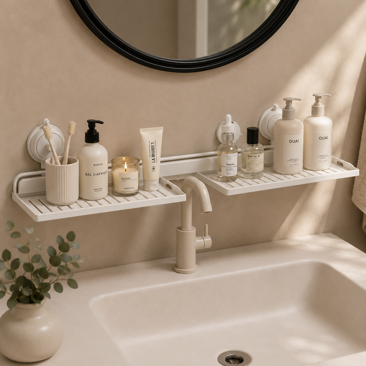White wall-mounted bathroom shelf set with suction cups above a sink, holding toiletry bottles, a candle, toothbrushes, and a tube of cream. A beige wall, round black-framed mirror, faucet, and small plant are visible.