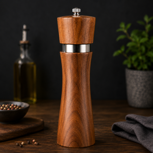 Wooden pepper grinder with adjustable coarseness setting and walnut finish