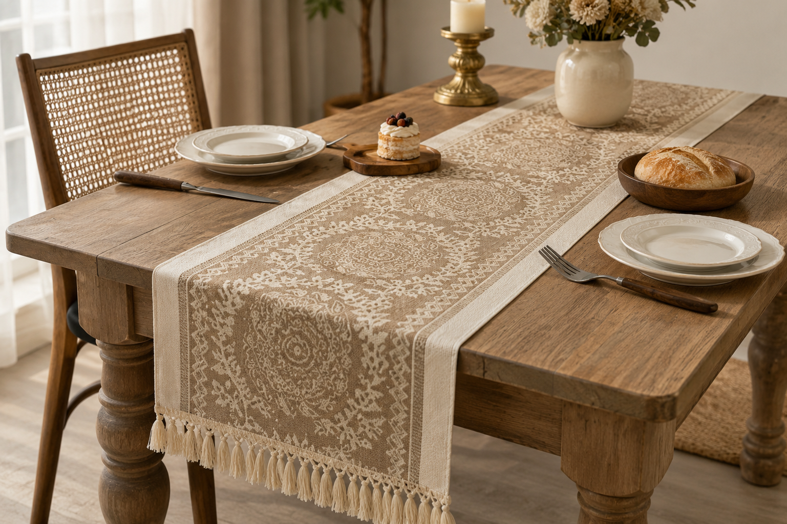 Warm Sand Nordic woven table runner with tassel edging styled on a rustic wooden dining table with neutral tableware and elegant home décor.